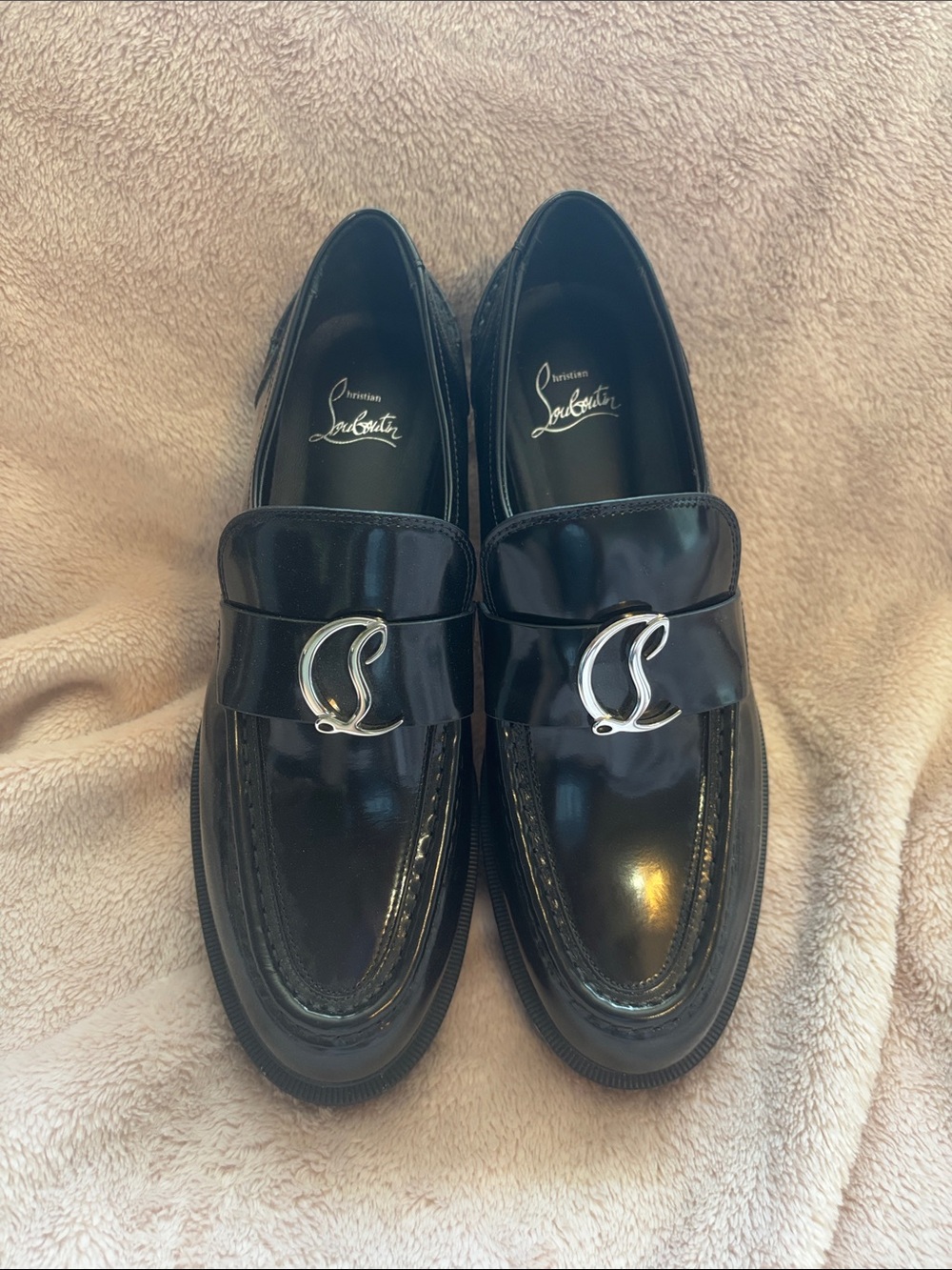 Christian Louboutin Black Patent Leather Loafers with Silver CC Emblem